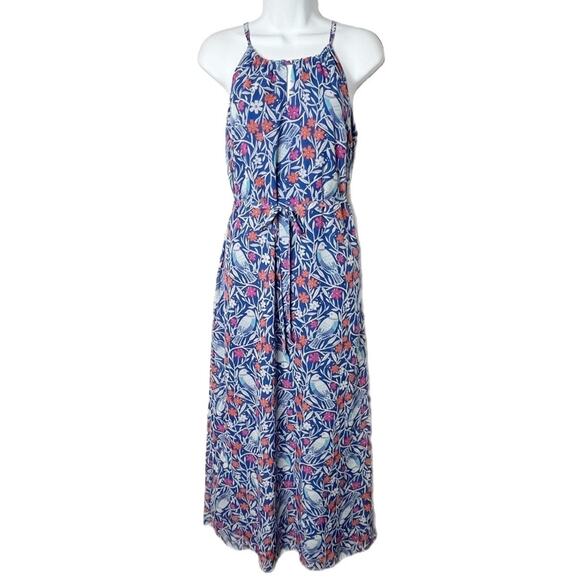 Old Navy Women's Maxi Dress XS Blue Floral Bird Pattern Sleeveless Keyhole Lined - Picture 2 of 11